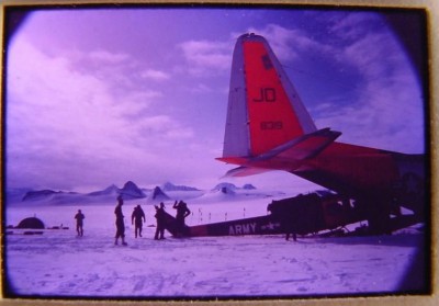  1963 US ARMY HUEY H-1 UNLOADING FROM C-124 BY DOZER OPERATION DEEP FREEZE.JPG